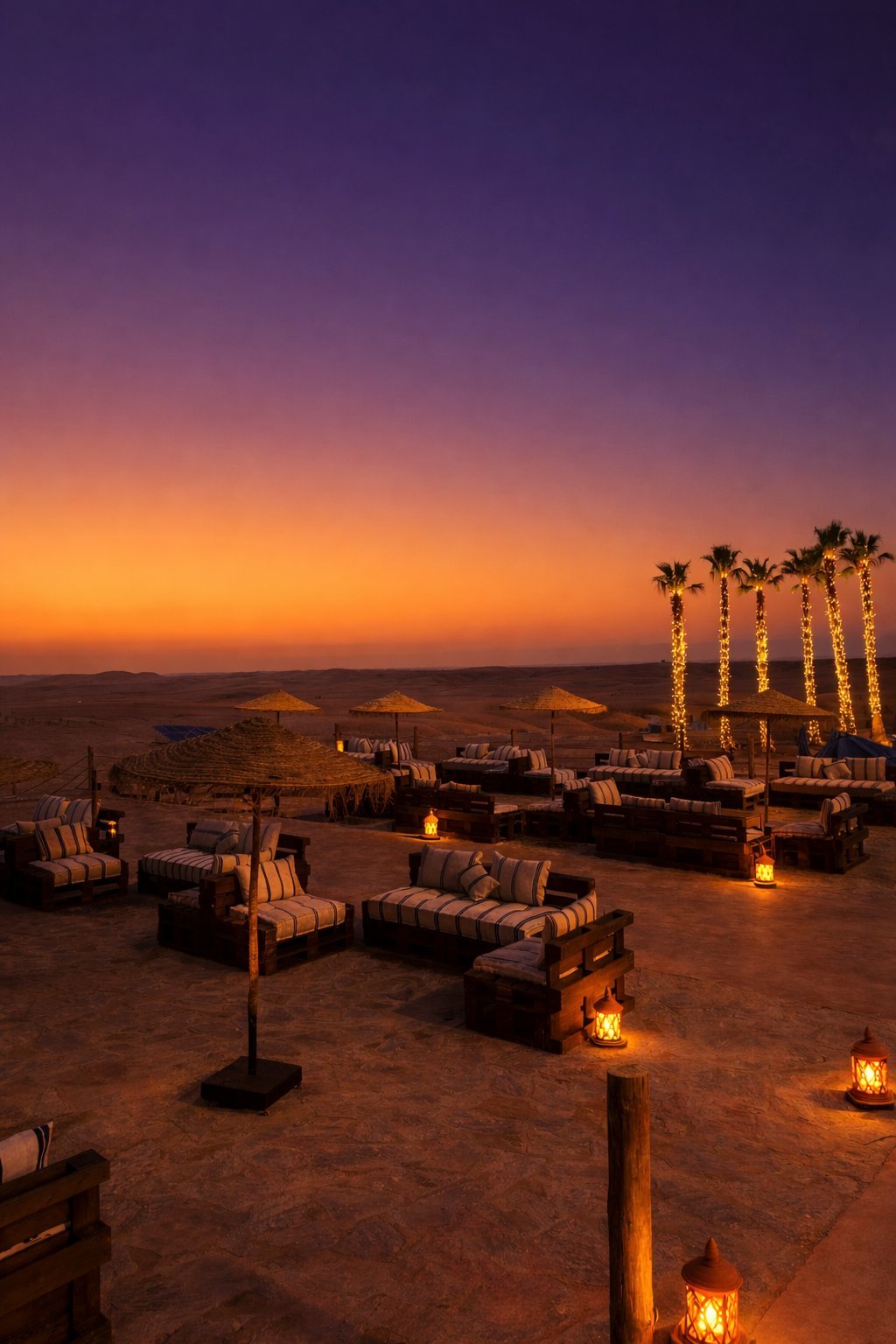 Lounge avec canapés et poufs berbères, palmiers illuminés au crépuscule - L'Oryx Agafay